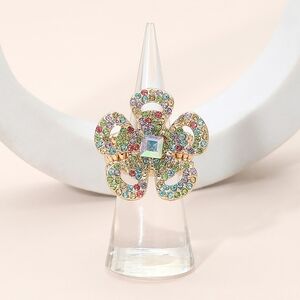 Multicolored Flower Stretch Rhinestone Fashion Statement Ring Finger Adjustable